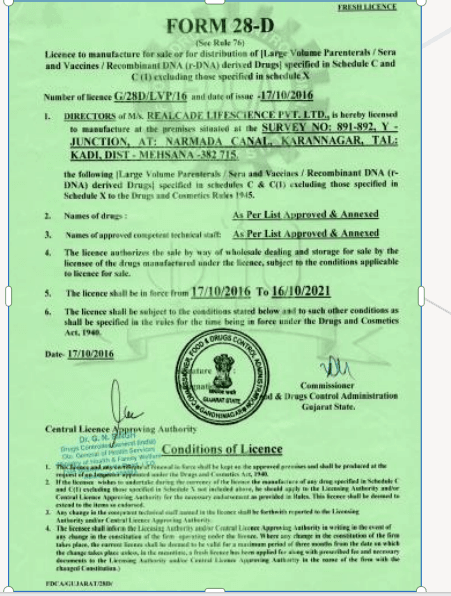 Manufacturing License Certificate